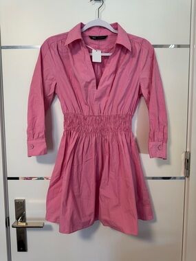 Zara Hot Pink Smocked-Waist Shirt Dress